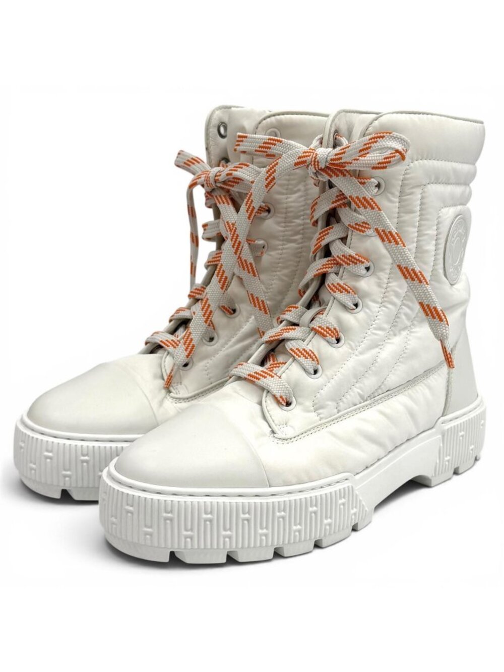 Hermes Fresh Leather Logo Patch Lace-up Short Boots White Orange